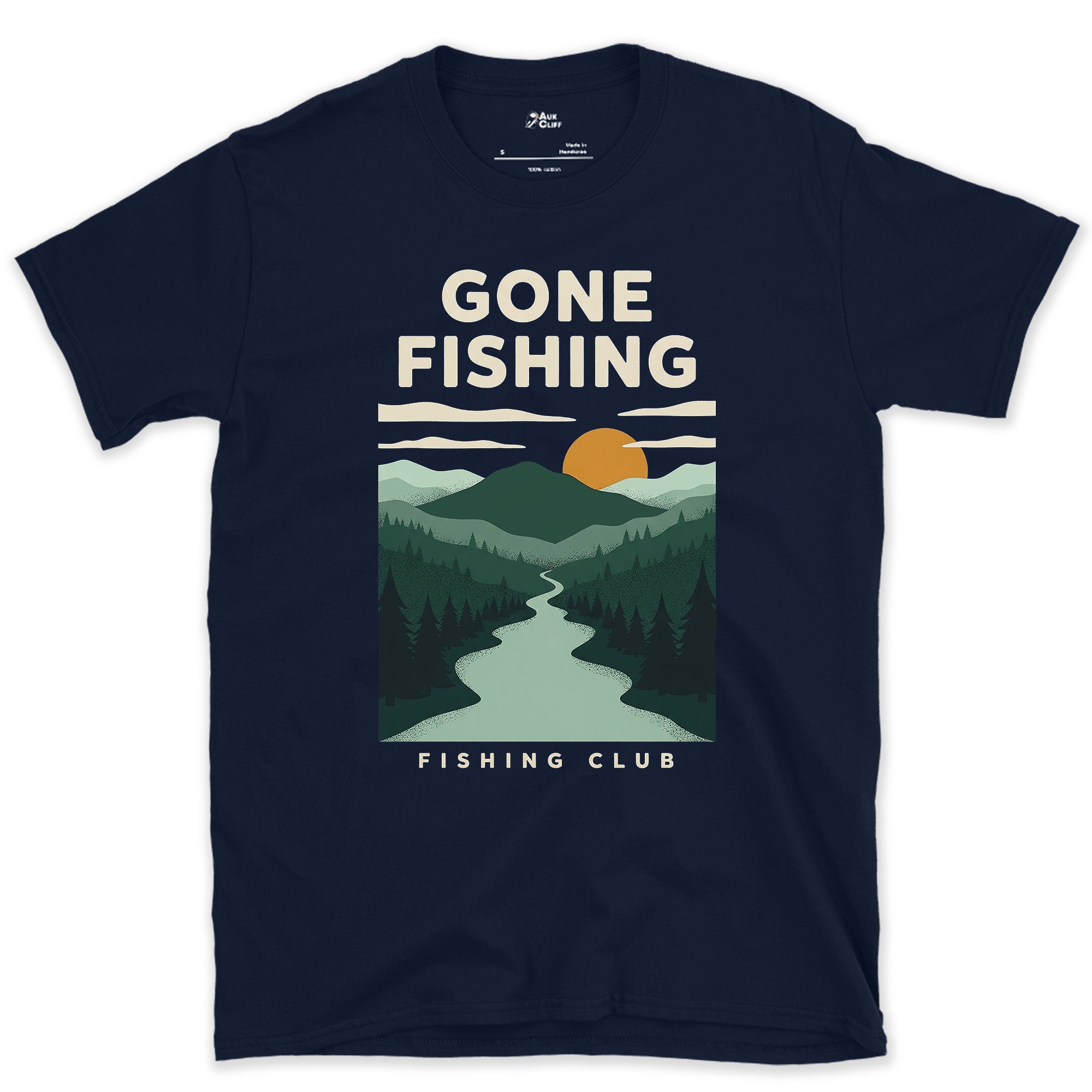 Gone Fishing, River Through the Pines design on a Navy Gildan Softstyle t-shirt
