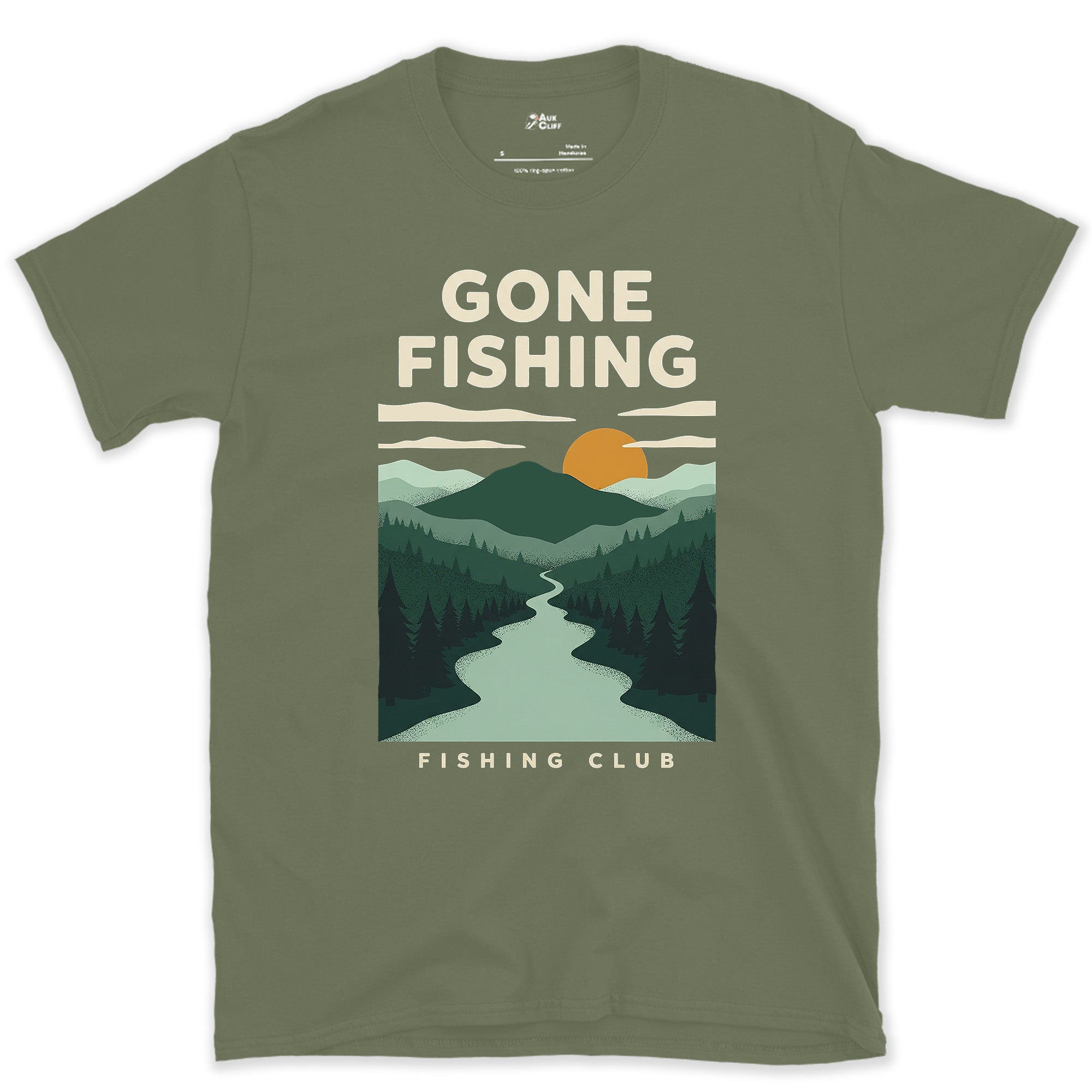 Gone Fishing, River Through the Pines design on a Military Green Gildan Softstyle t-shirt