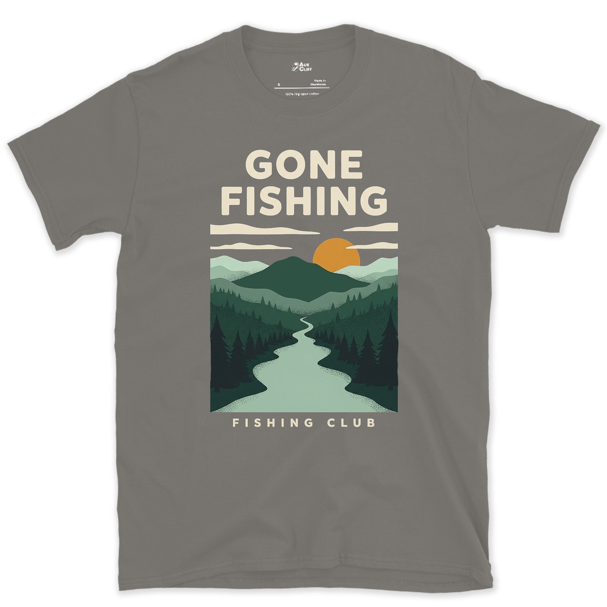 Gone Fishing, River Through the Pines design on a Charcoal Gildan Softstyle t-shirt