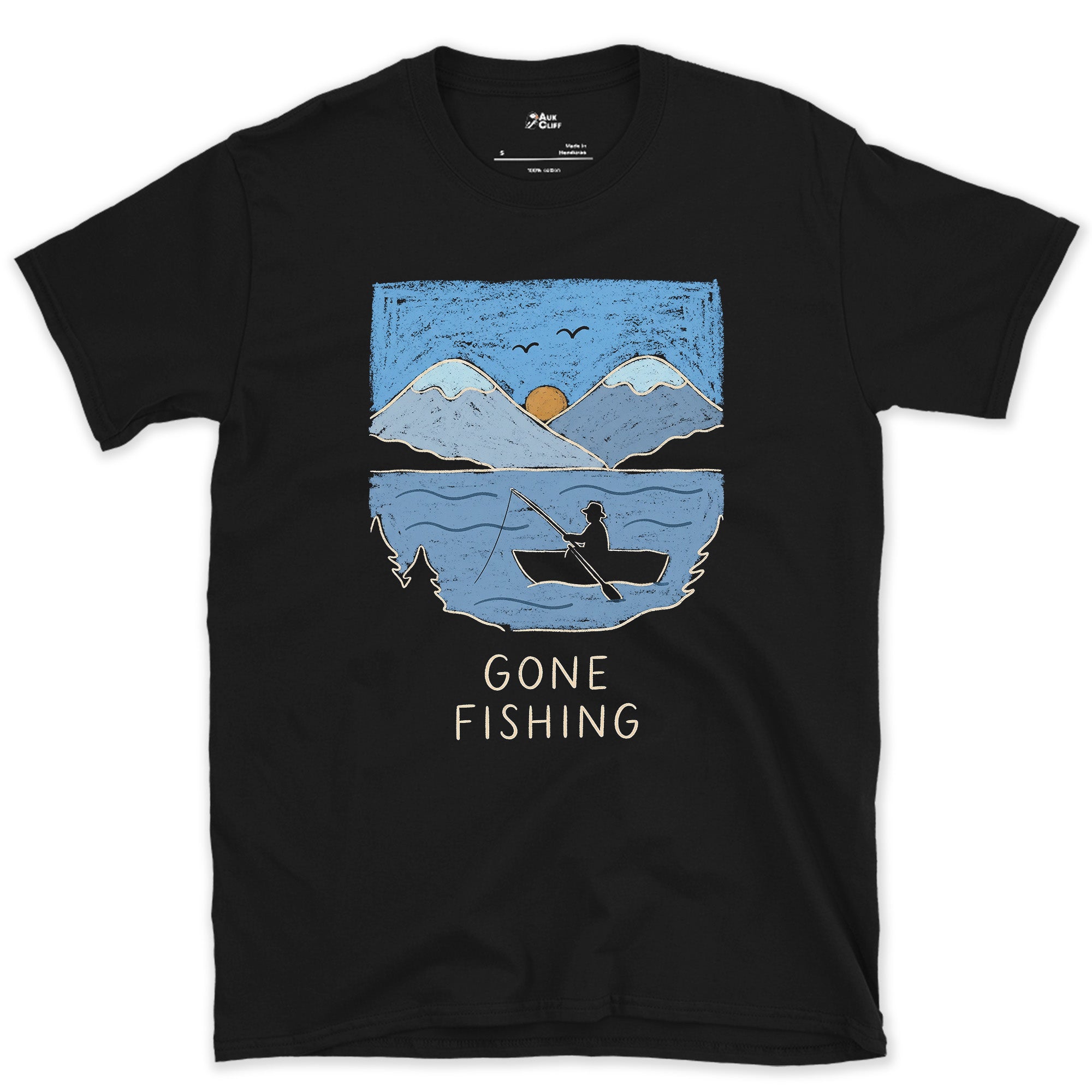 Gone Fishing, Rowing Boat Below the Peaks design on a Black Gildan Softstyle t-shirt