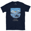 Gone Fishing, Rowing Boat Below the Peaks design on a Navy Gildan Softstyle t-shirt