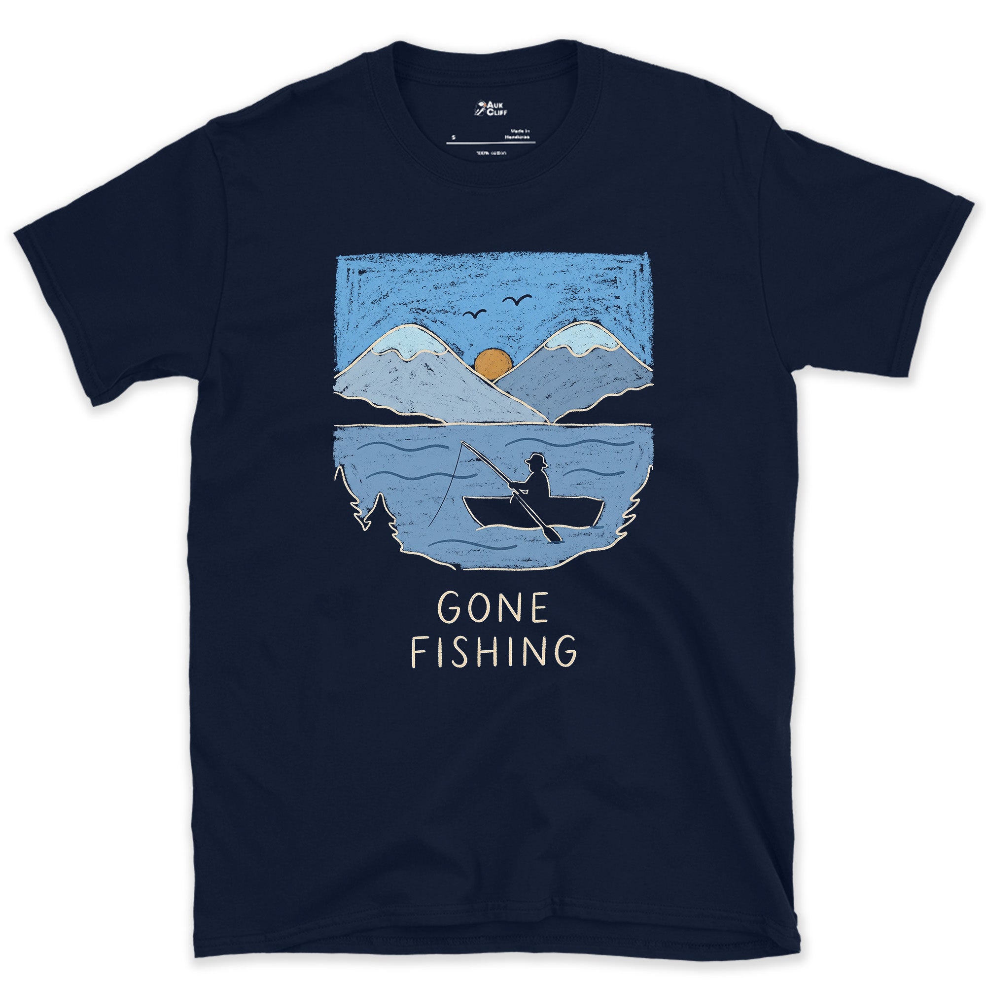 Gone Fishing, Rowing Boat Below the Peaks design on a Navy Gildan Softstyle t-shirt
