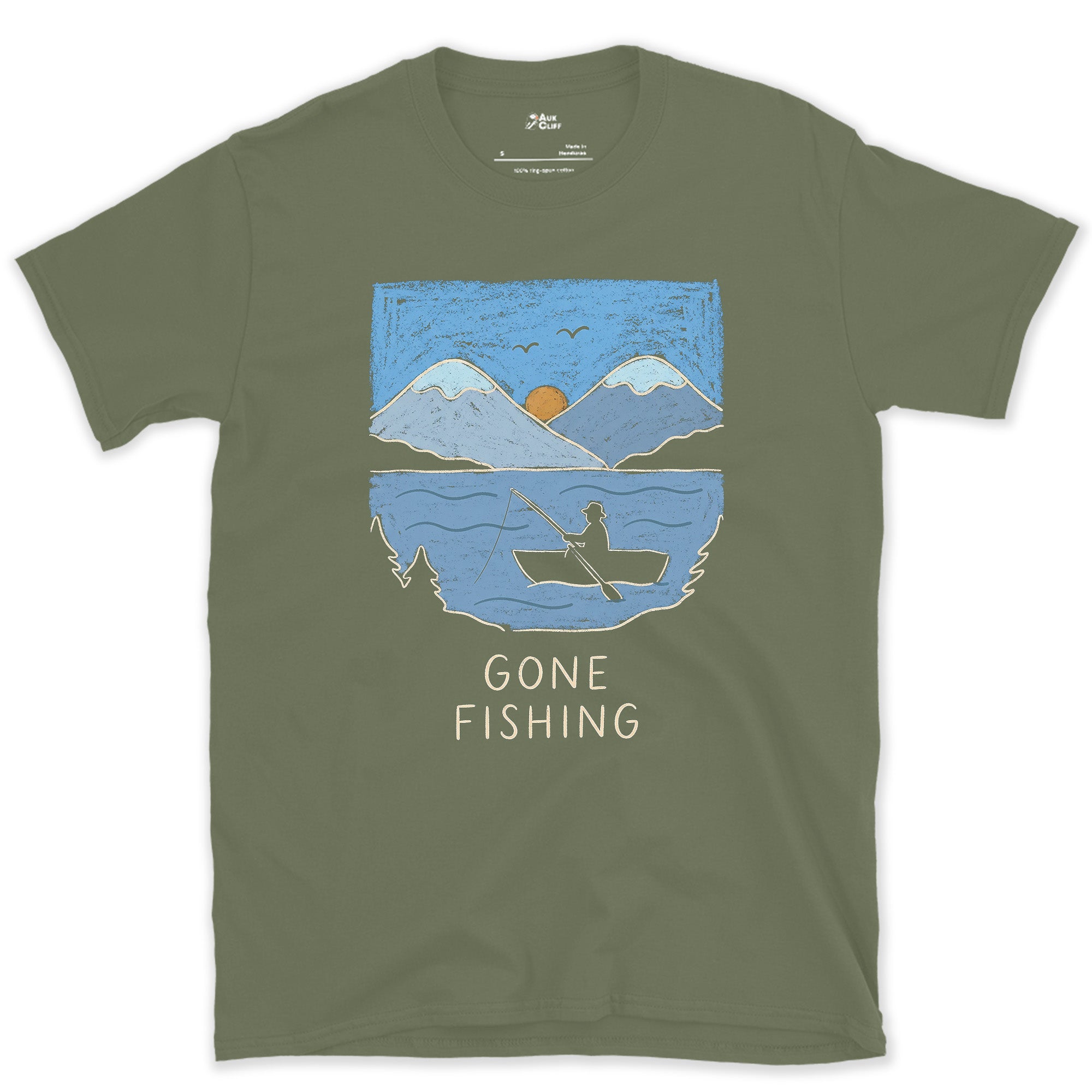 Gone Fishing, Rowing Boat Below the Peaks design on a Military Green Gildan Softstyle t-shirt