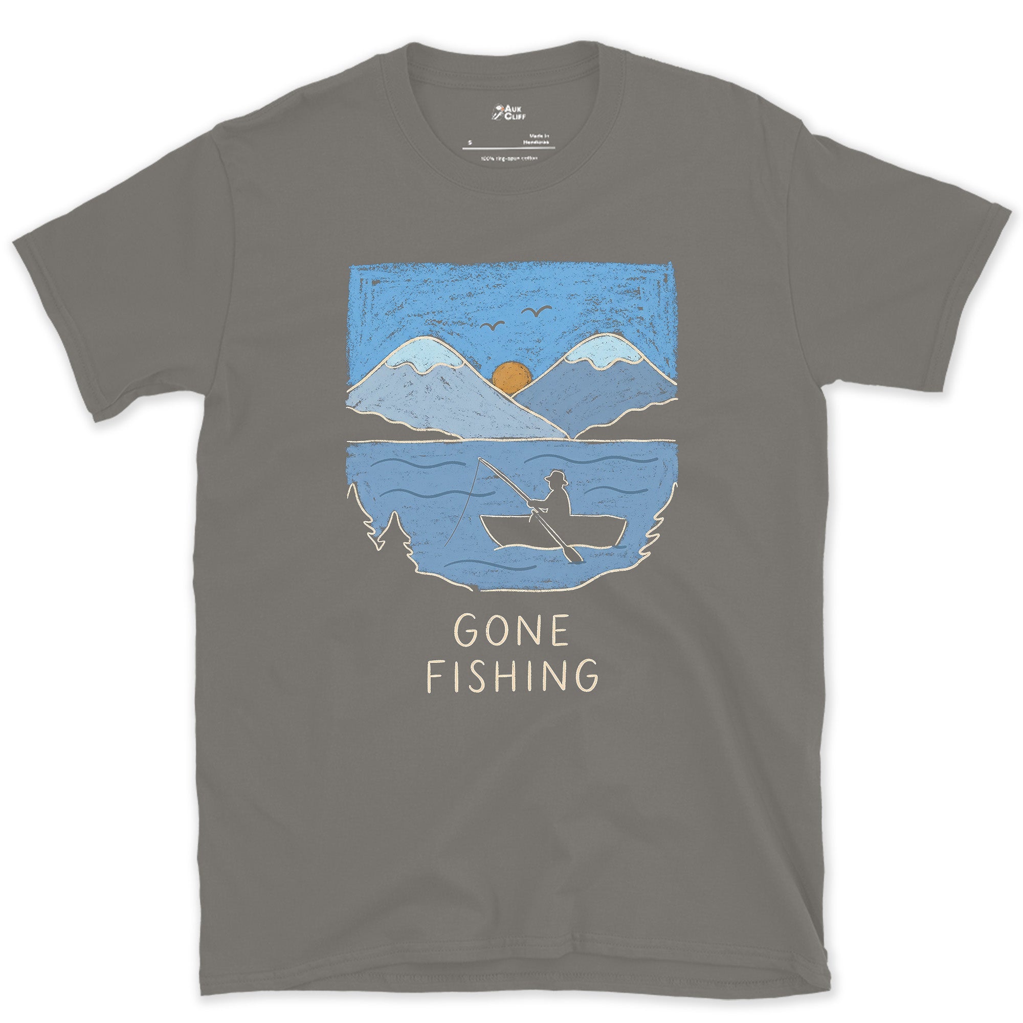 Gone Fishing, Rowing Boat Below the Peaks design on a Charcoal Gildan Softstyle t-shirt