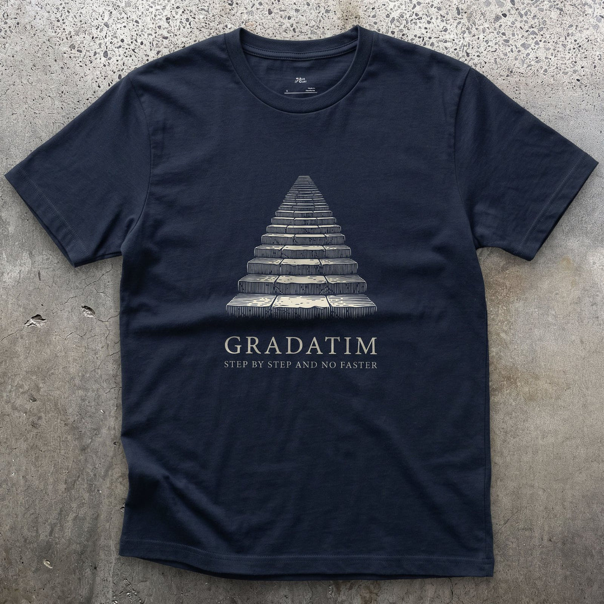 Gradatim, Step by Step and No Faster design on a Navy Gildan Softstyle t-shirt