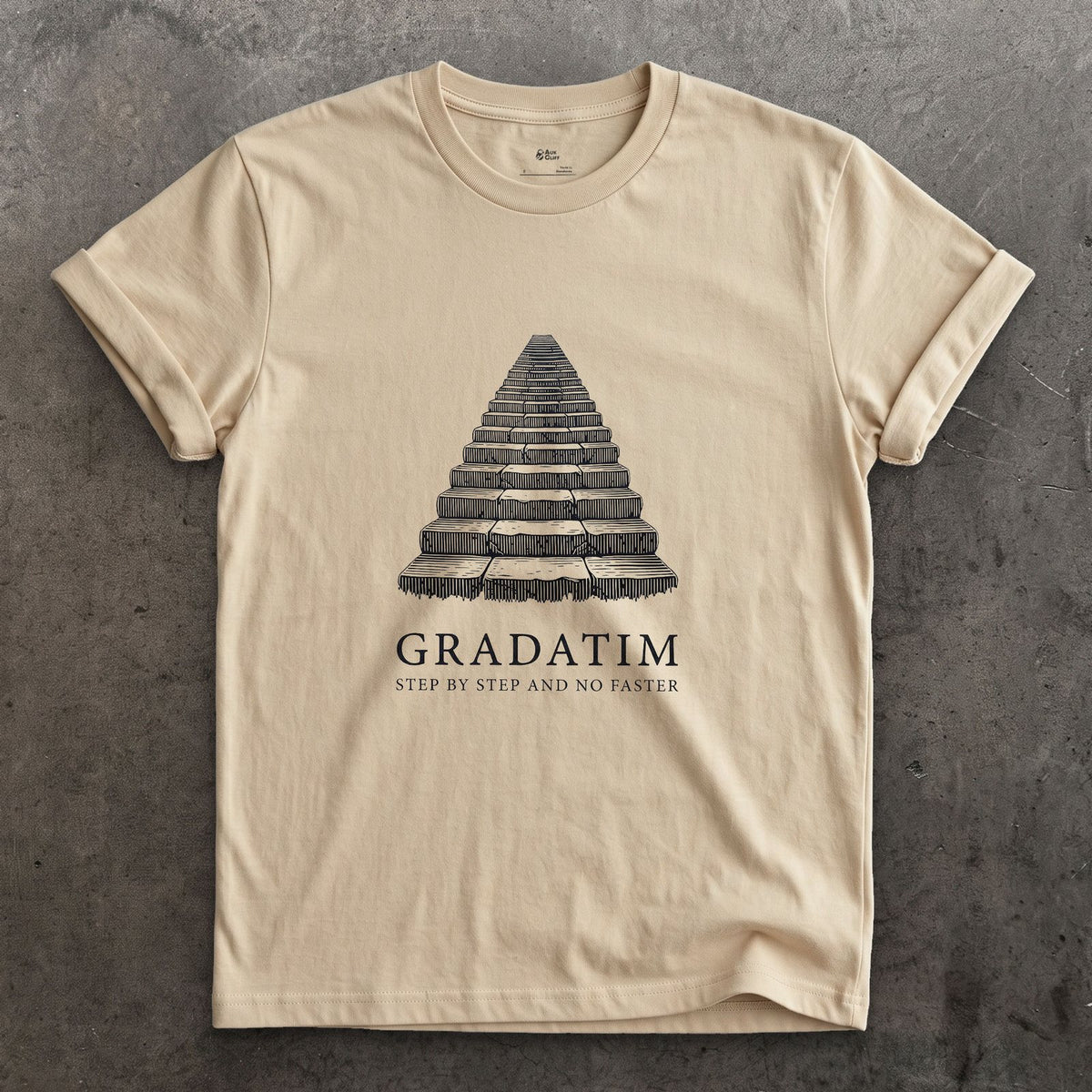 Gradatim, Step by Step and No Faster design on a Sand Gildan Softstyle t-shirt