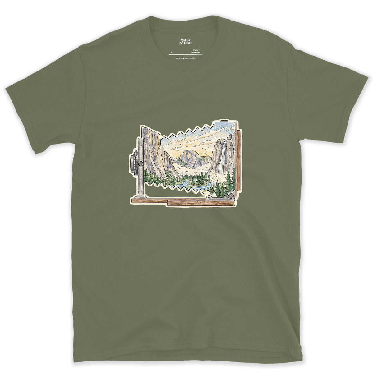 Granite Valley on the Ground Glass design on a Military Green Gildan Softstyle t-shirt
