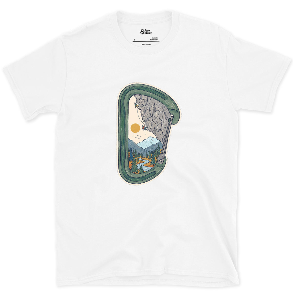 Granite Wall Through a Carabiner design on a White Gildan Softstyle t-shirt