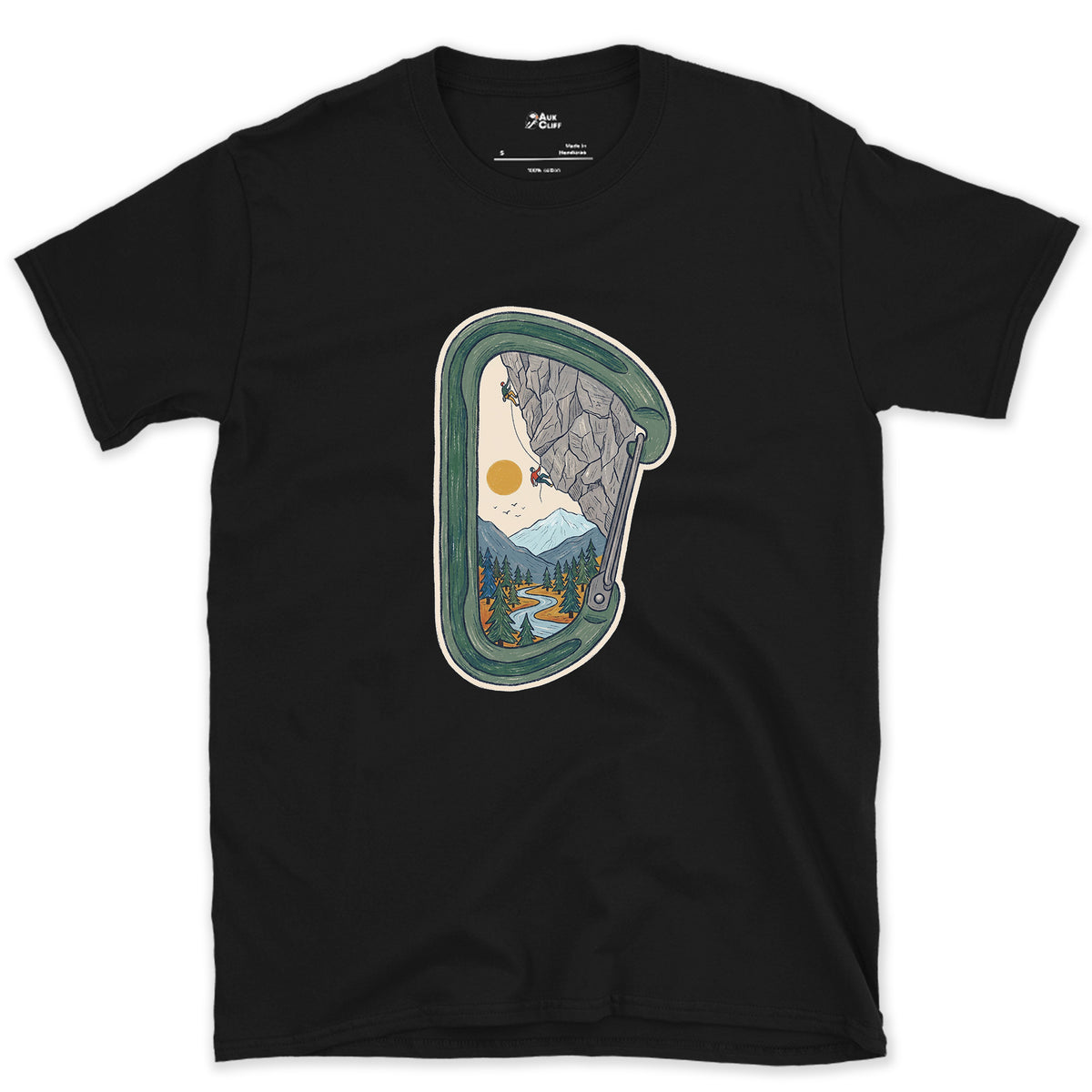 Granite Wall Through a Carabiner design on a Black Gildan Softstyle t-shirt