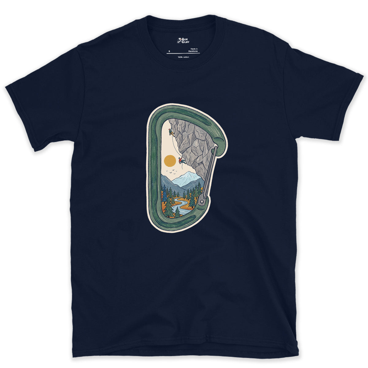 Granite Wall Through a Carabiner design on a Navy Gildan Softstyle t-shirt
