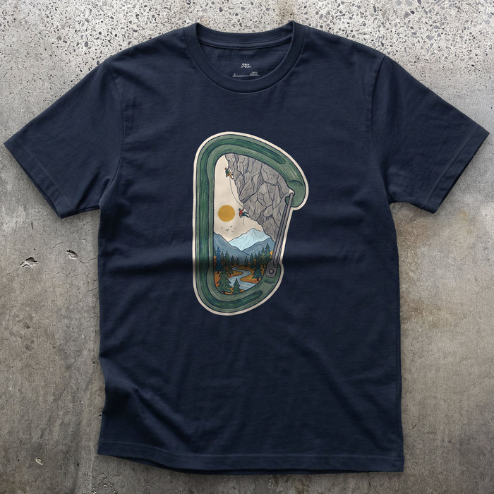 Granite Wall Through a Carabiner design on a Navy Gildan Softstyle t-shirt