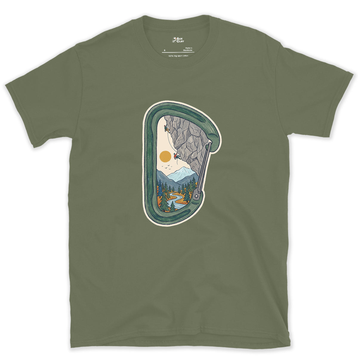 Granite Wall Through a Carabiner design on a Military Green Gildan Softstyle t-shirt