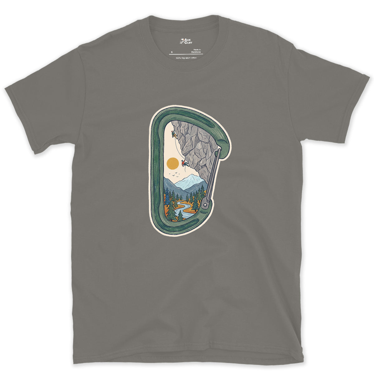 Granite Wall Through a Carabiner design on a Charcoal Gildan Softstyle t-shirt