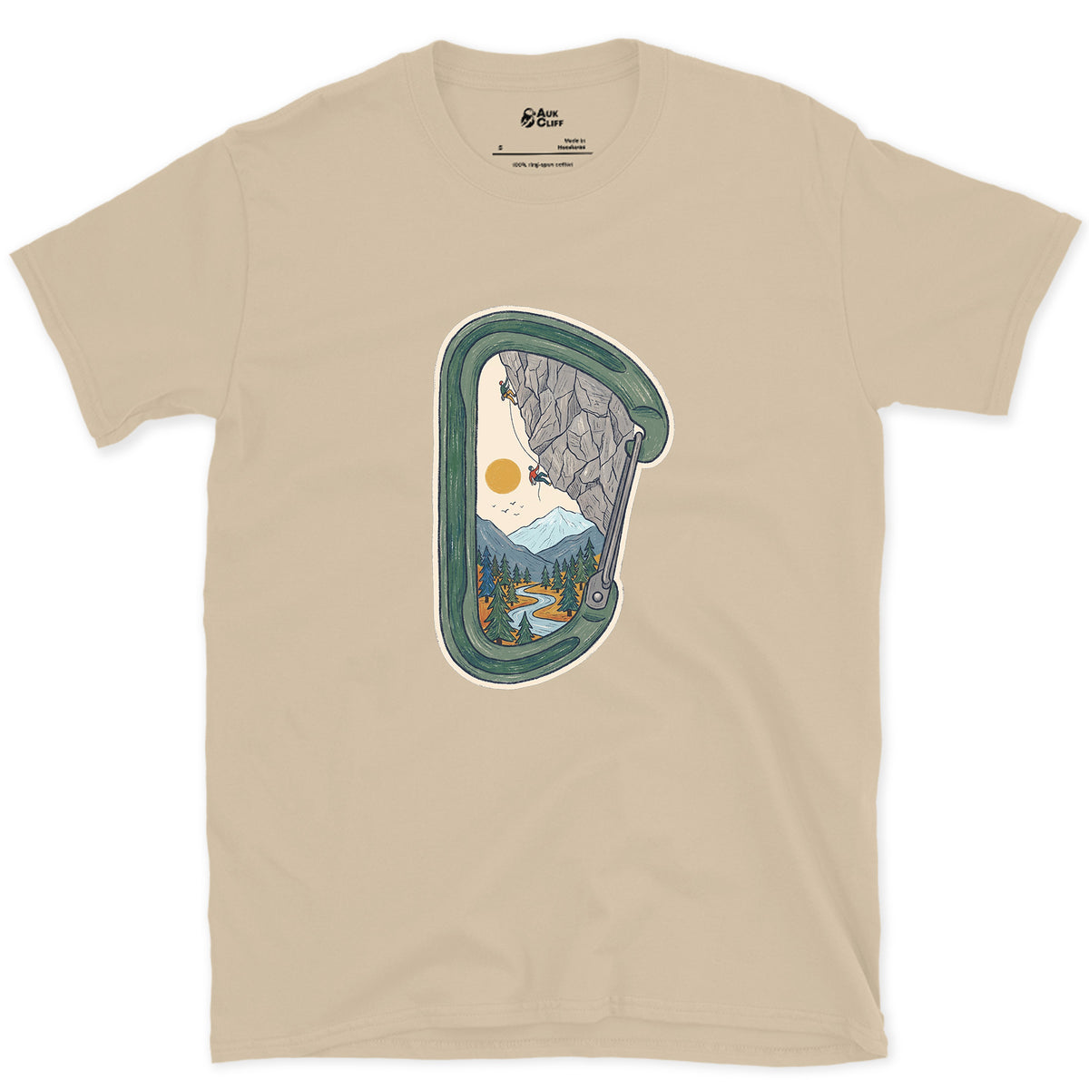 Granite Wall Through a Carabiner design on a Sand Gildan Softstyle t-shirt