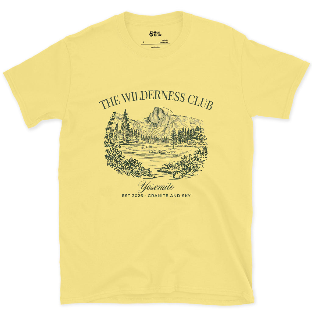 The Wilderness Club Yosemite Badge design on a Cornsilk Gildan Softstyle t-shirt
