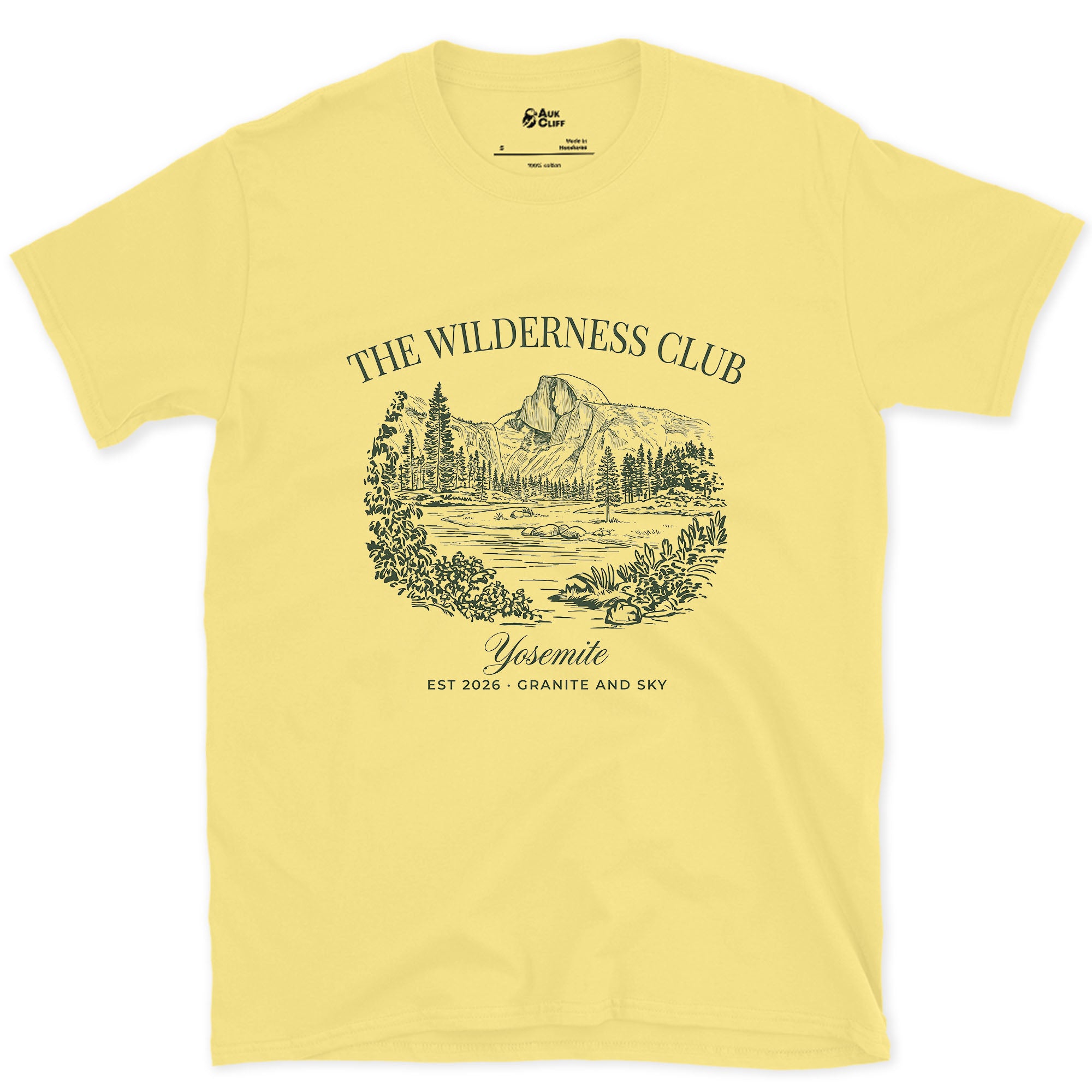 The Wilderness Club Yosemite Badge design on a Cornsilk Gildan Softstyle t-shirt