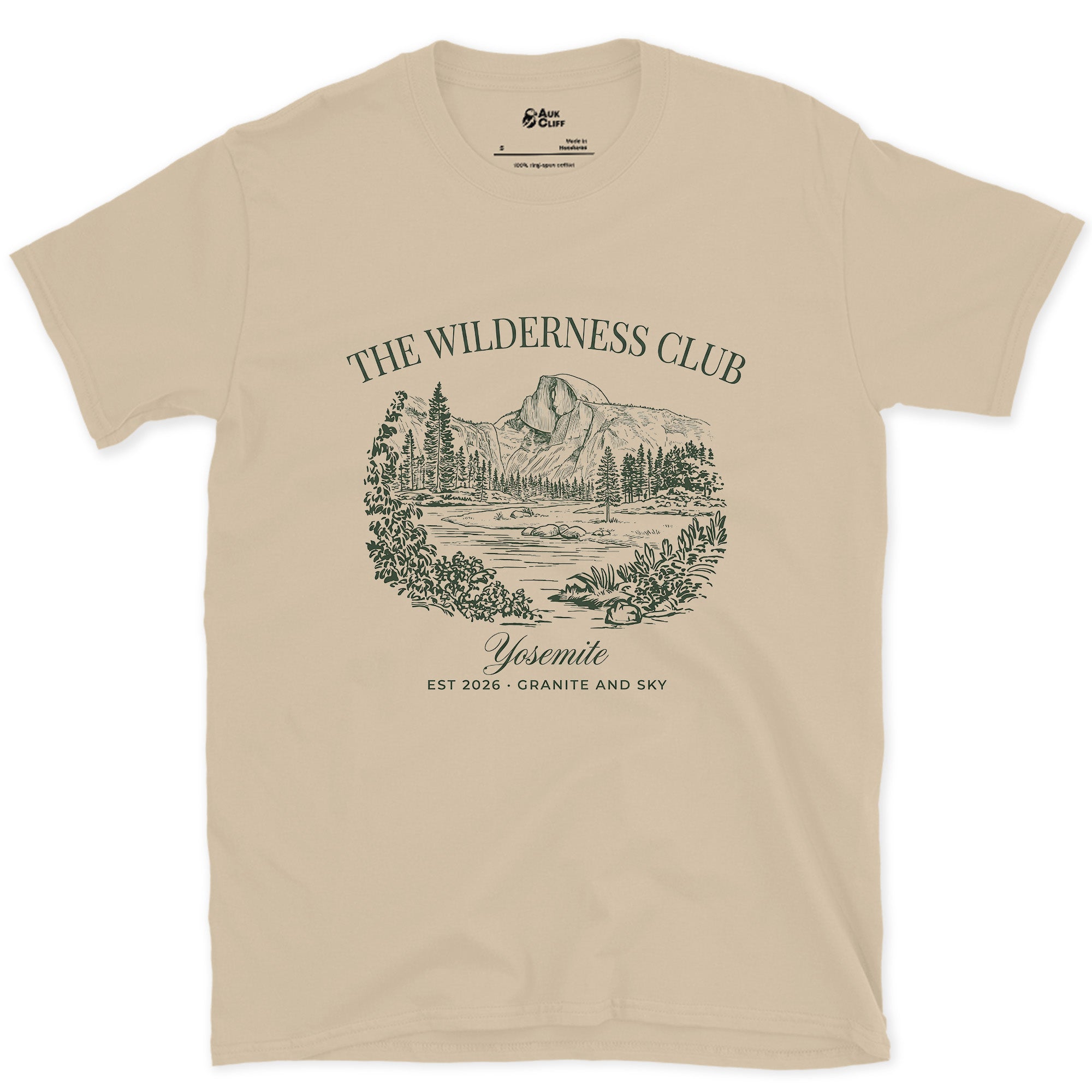 The Wilderness Club Yosemite Badge design on a Sand Gildan Softstyle t-shirt