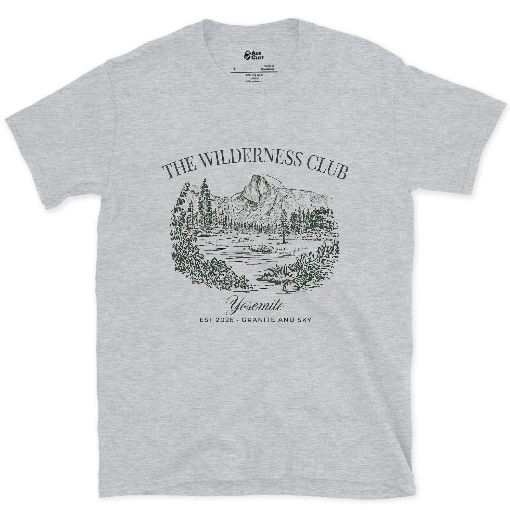 The Wilderness Club Yosemite Badge design on a Sport Grey Gildan Softstyle t-shirt