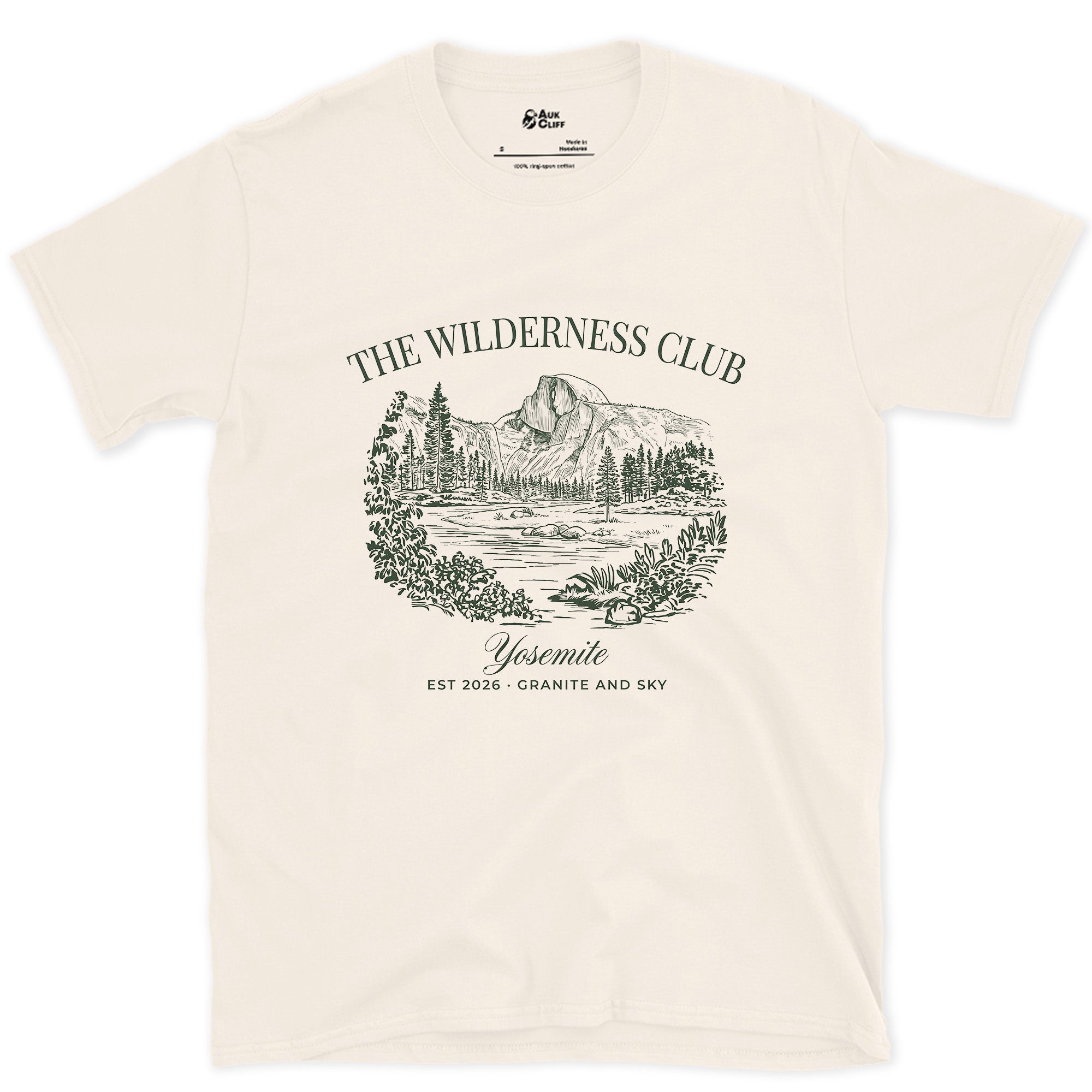 The Wilderness Club Yosemite Badge design on a Natural Gildan Softstyle t-shirt