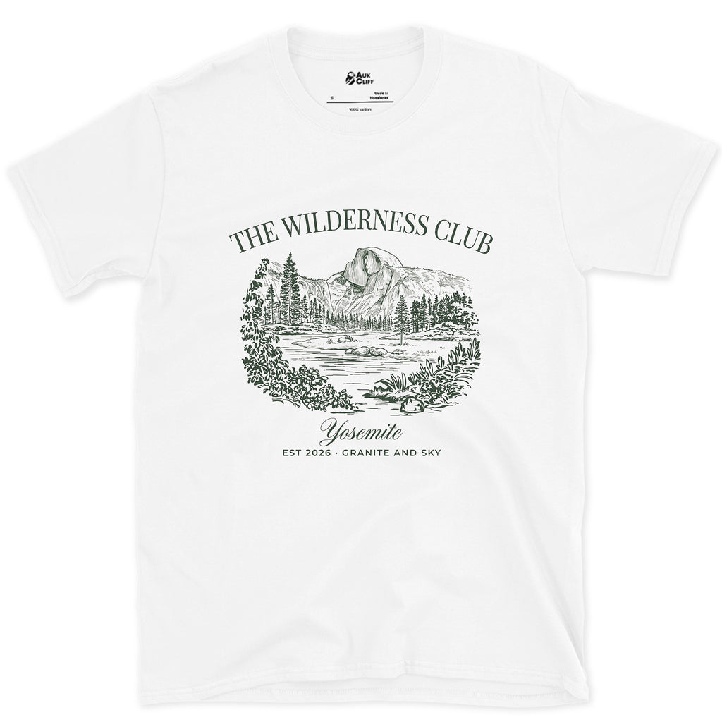The Wilderness Club Yosemite Badge design on a White Gildan Softstyle t-shirt