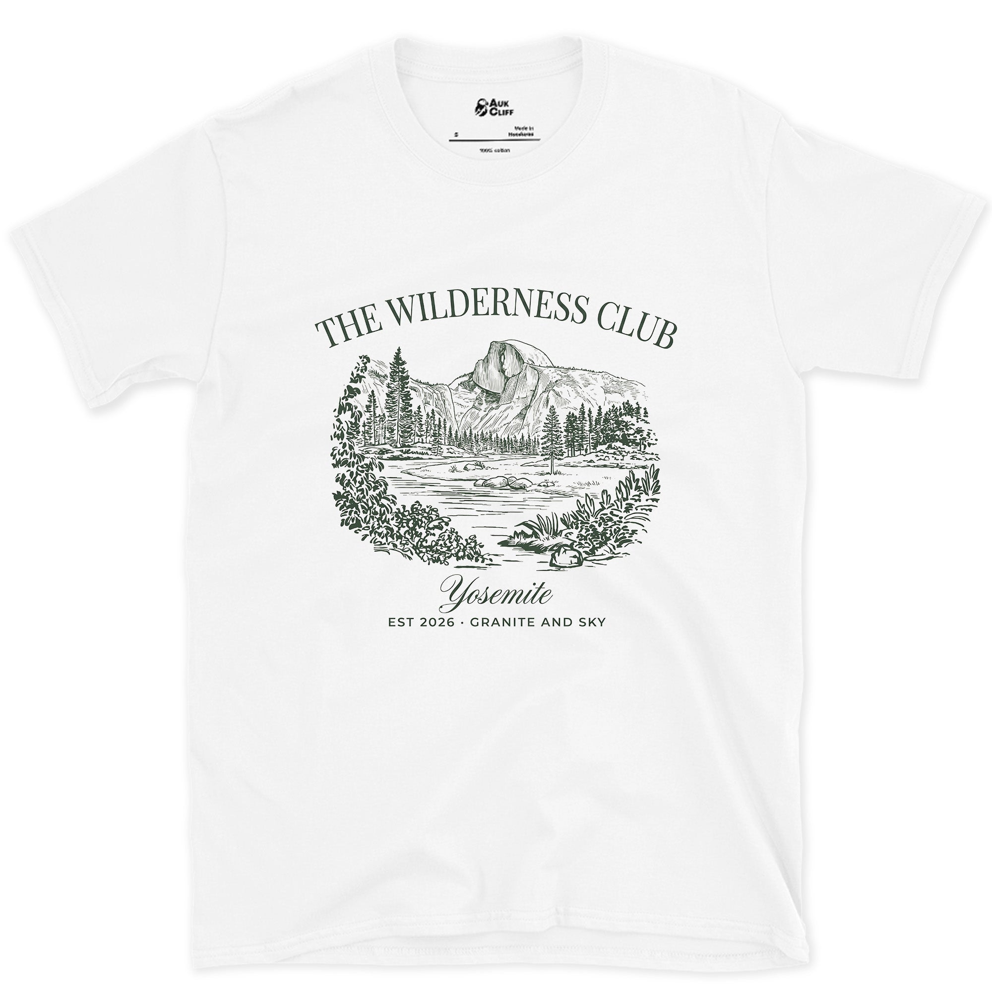 The Wilderness Club Yosemite Badge design on a White Gildan Softstyle t-shirt