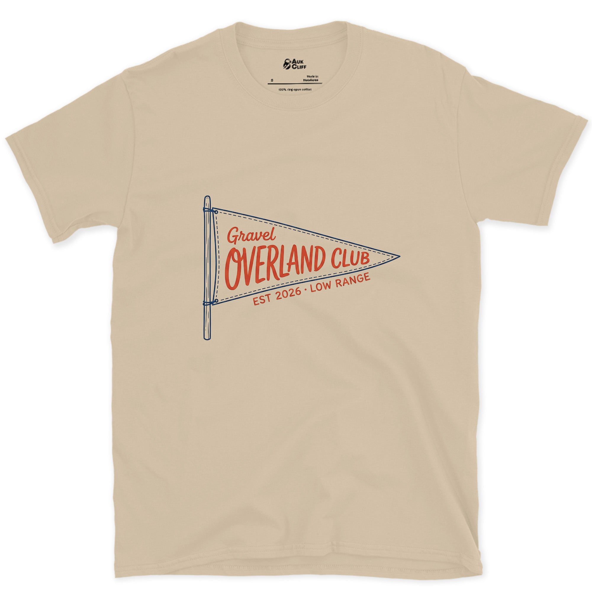 Overland Club, Gravel and Low Range design on a Sand Gildan Softstyle t-shirt