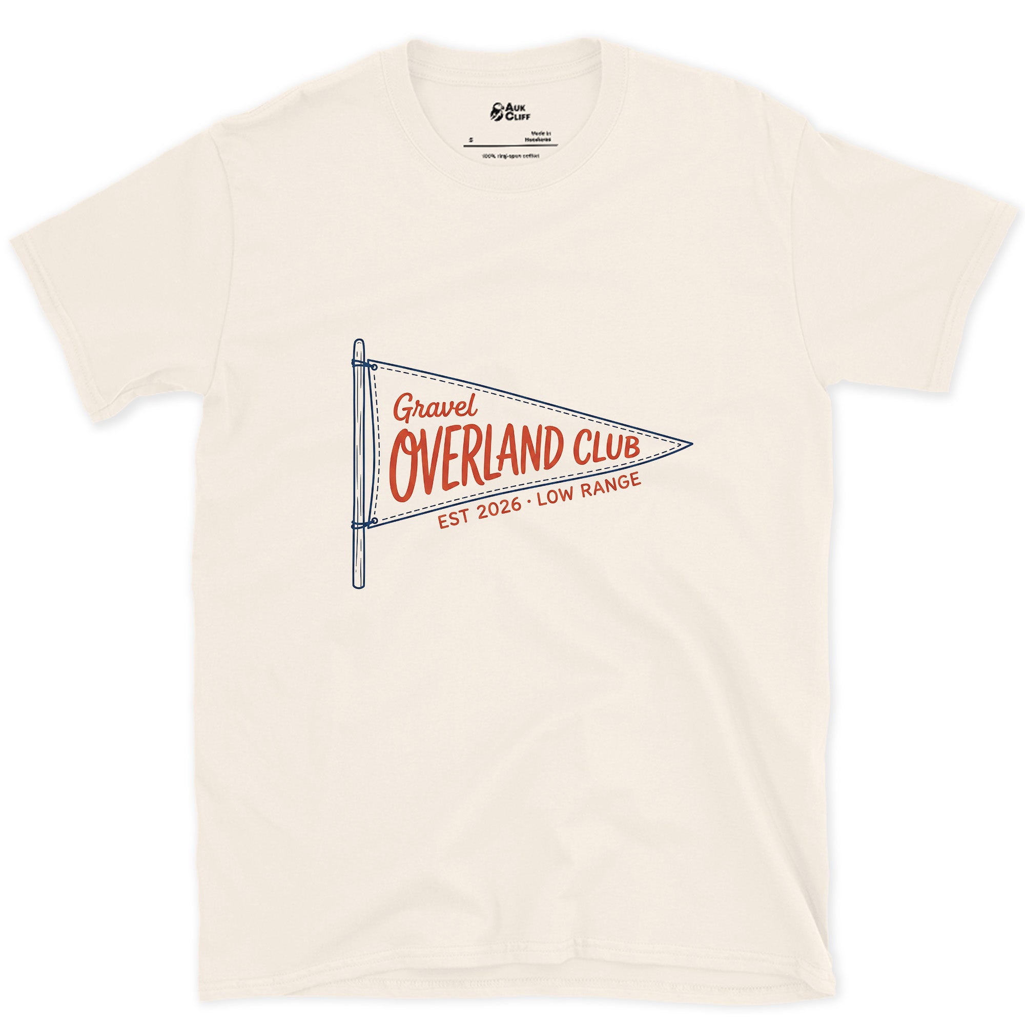 Overland Club, Gravel and Low Range design on a Natural Gildan Softstyle t-shirt