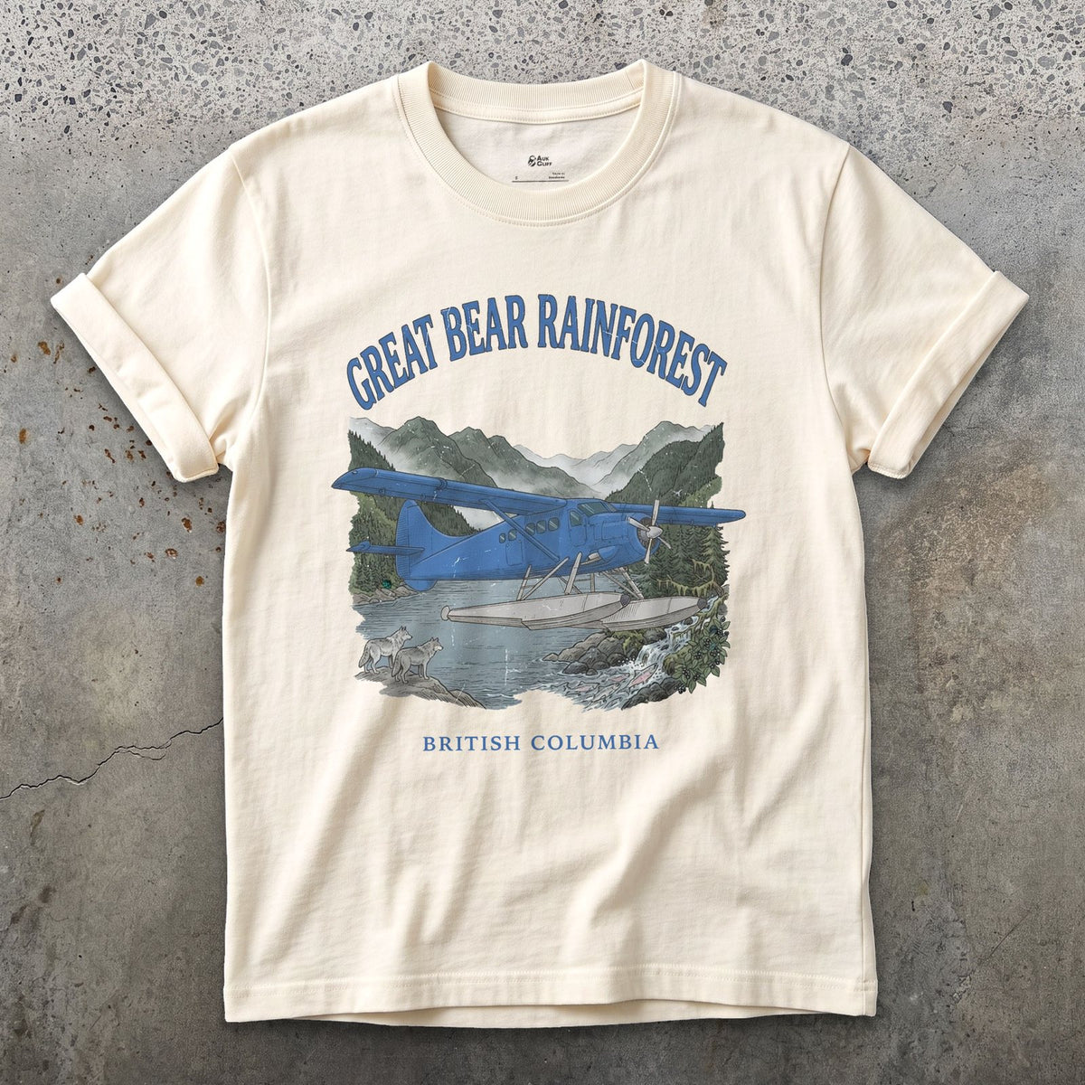 Great Bear Rainforest Bush Plane design on a Natural Gildan Softstyle t-shirt