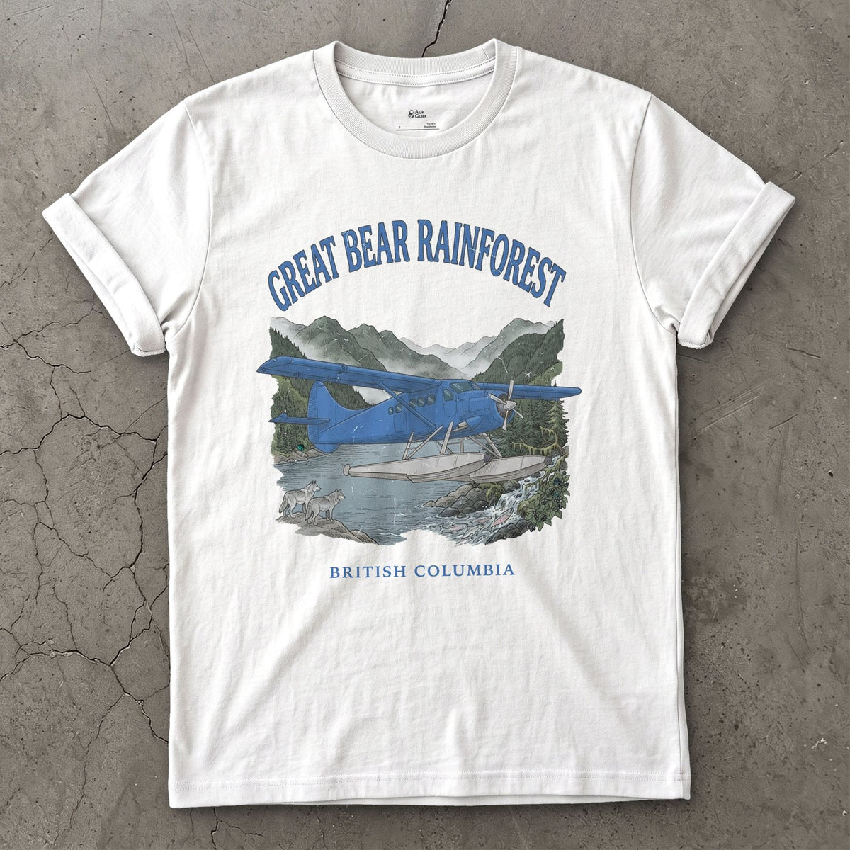Great Bear Rainforest Bush Plane design on a White Gildan Softstyle t-shirt