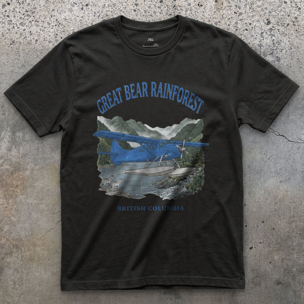 Great Bear Rainforest Bush Plane design on a Black Gildan Softstyle t-shirt