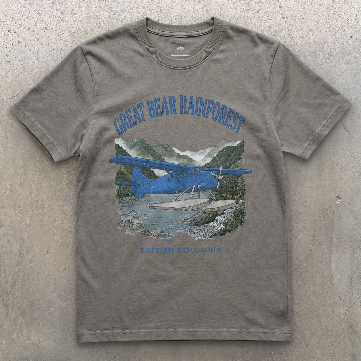 Great Bear Rainforest Bush Plane design on a Charcoal Gildan Softstyle t-shirt