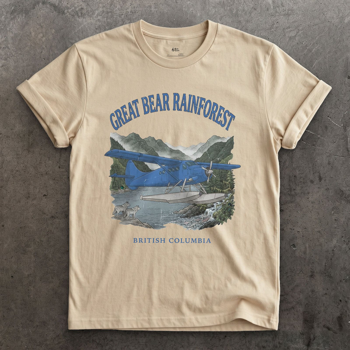 Great Bear Rainforest Bush Plane design on a Sand Gildan Softstyle t-shirt