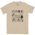 Greet the Locals, Songbird Head Grid design on a Sand Gildan Softstyle t-shirt