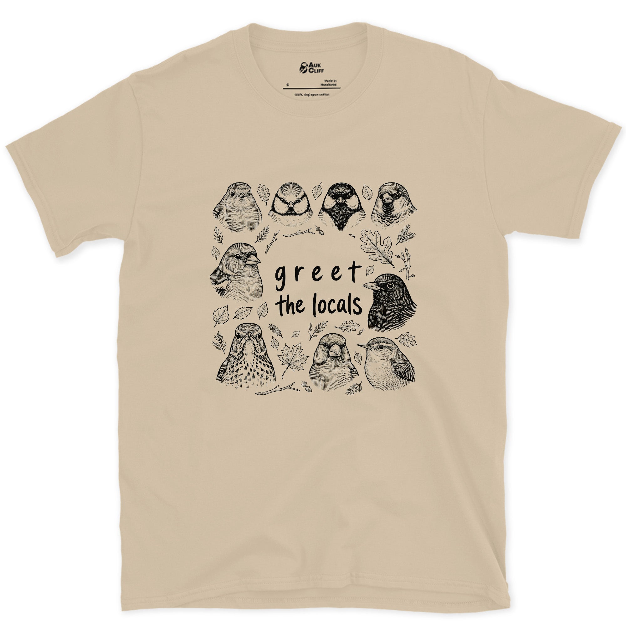 Greet the Locals, Songbird Head Grid design on a Sand Gildan Softstyle t-shirt