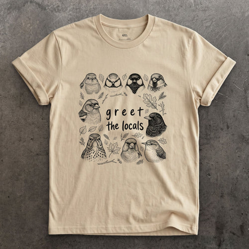 Greet the Locals, Songbird Head Grid design on a Sand Gildan Softstyle t-shirt