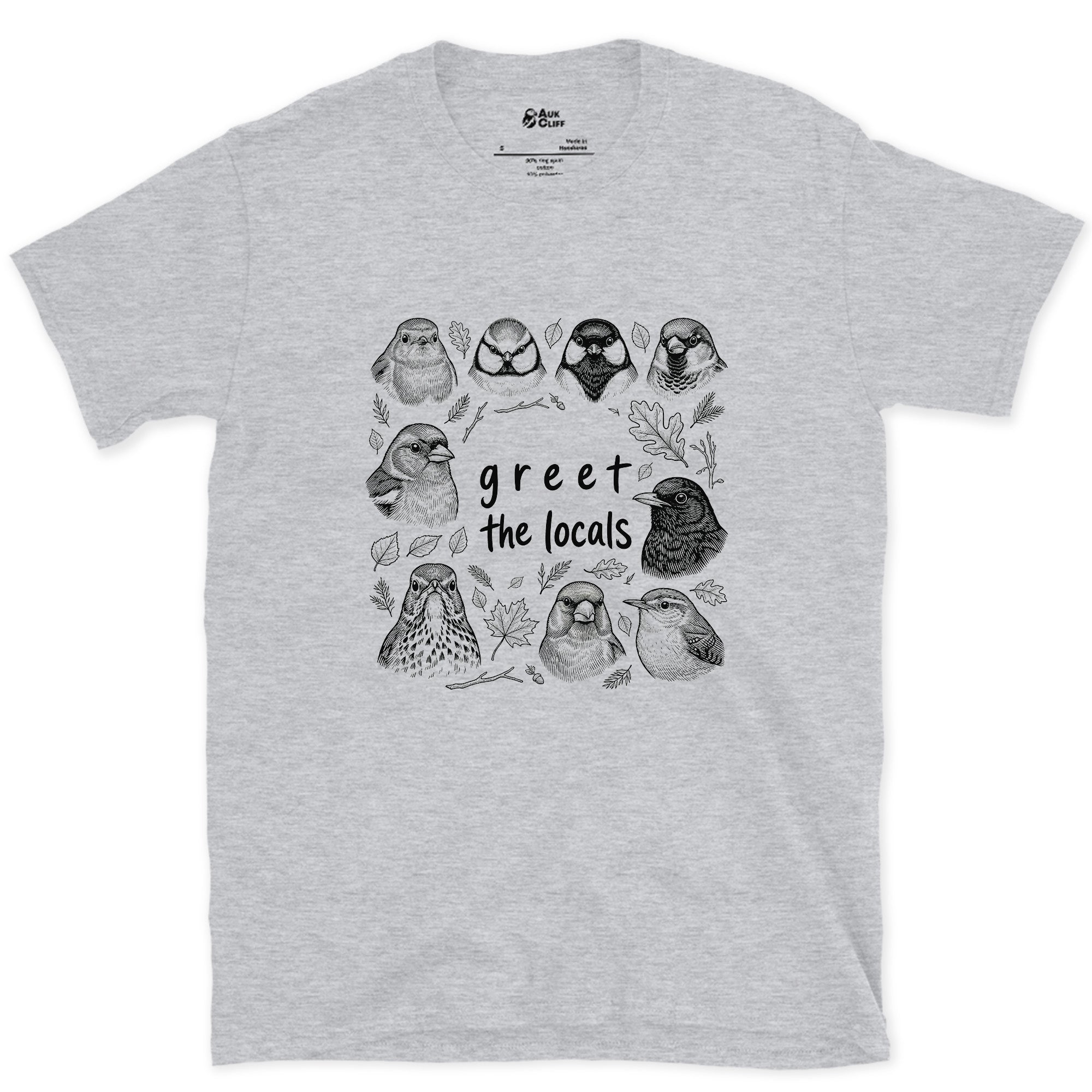 Greet the Locals, Songbird Head Grid design on a Sport Grey Gildan Softstyle t-shirt