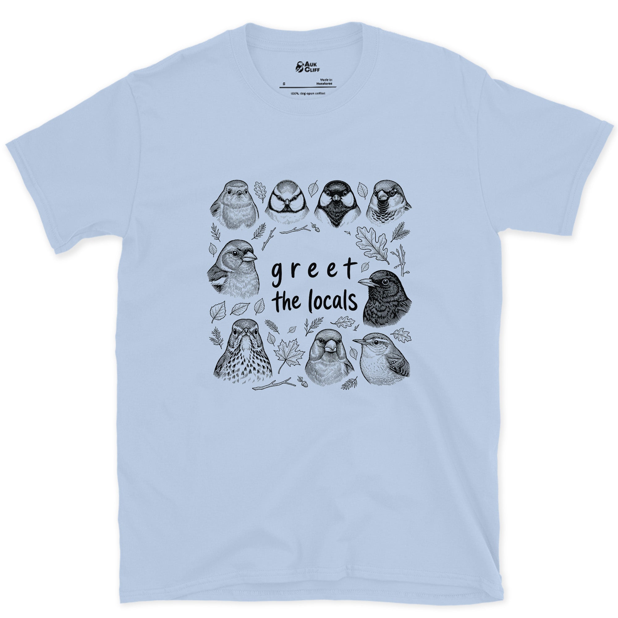 Greet the Locals, Songbird Head Grid design on a Light Blue Gildan Softstyle t-shirt