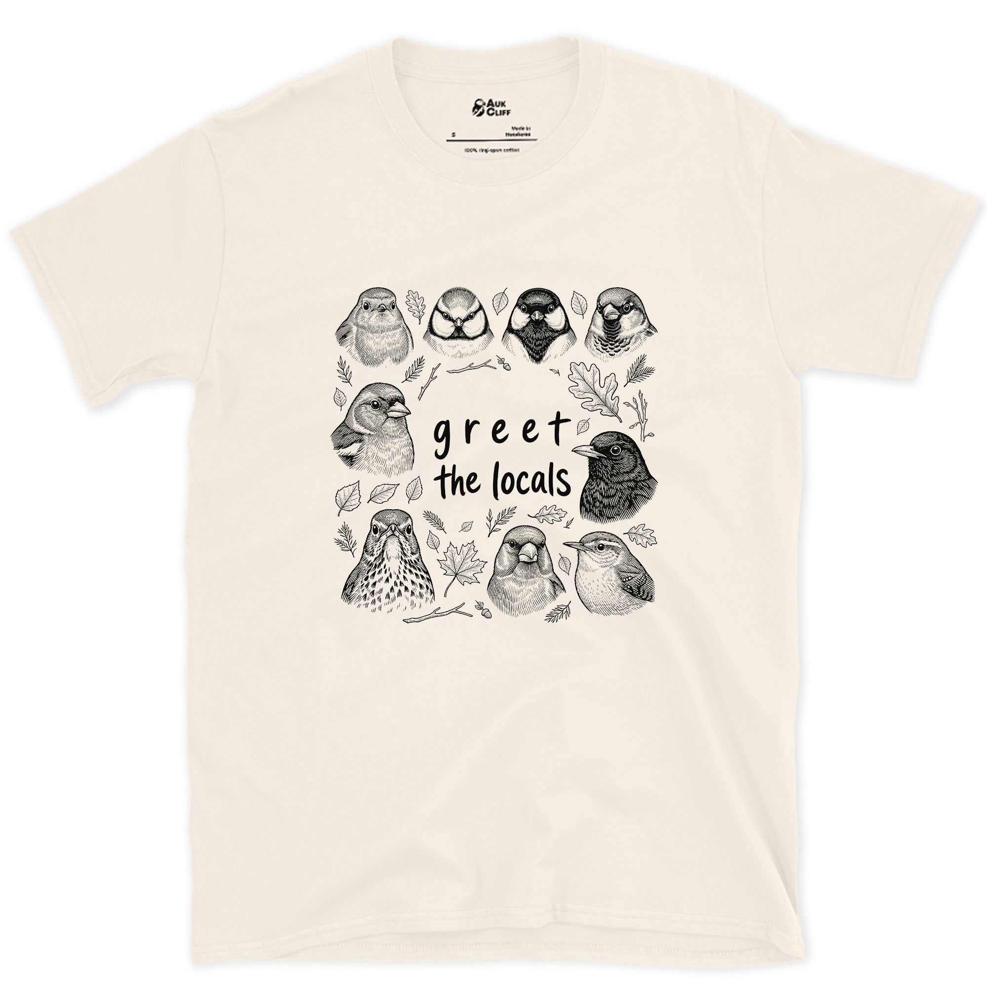 Greet the Locals, Songbird Head Grid design on a Natural Gildan Softstyle t-shirt