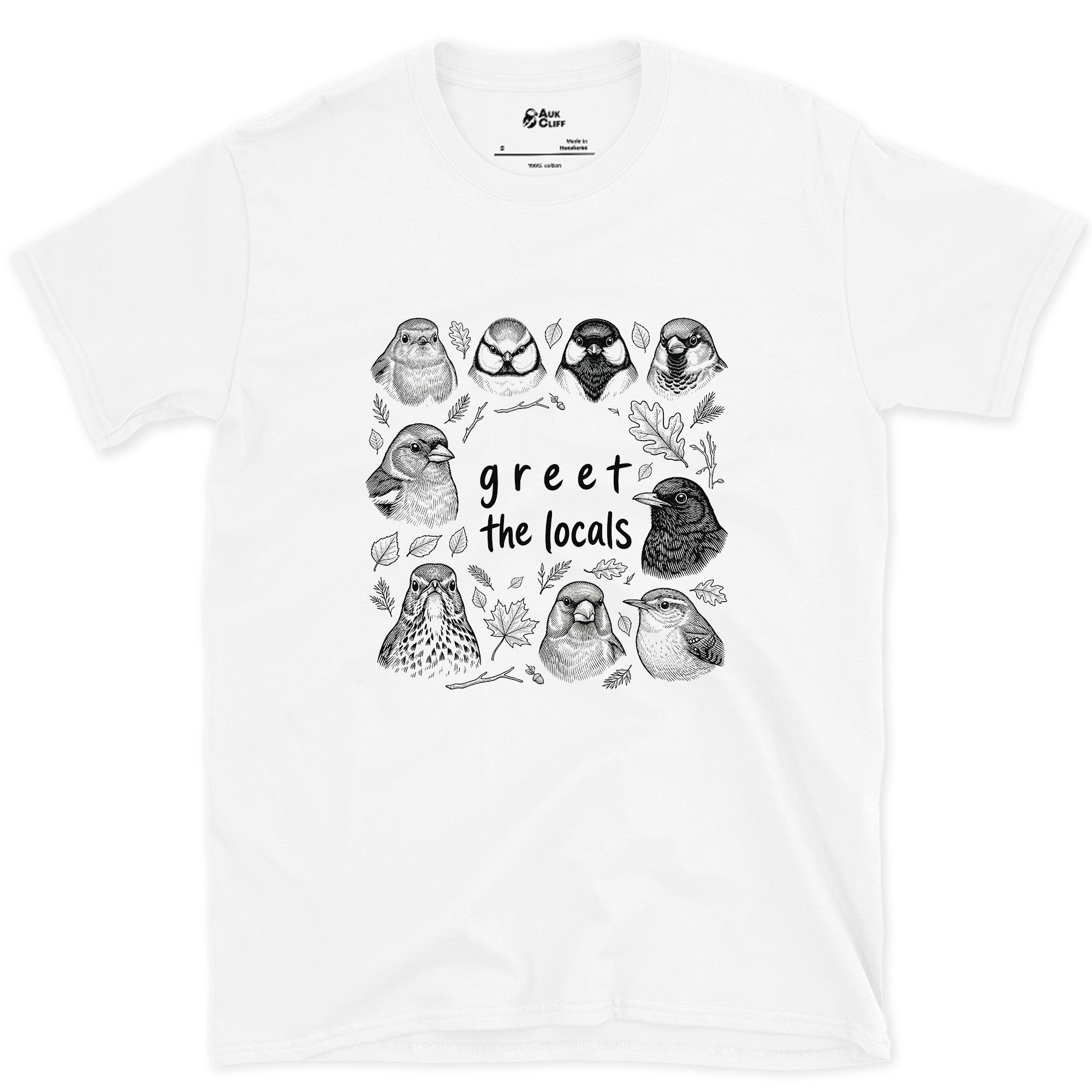 Greet the Locals, Songbird Head Grid design on a White Gildan Softstyle t-shirt