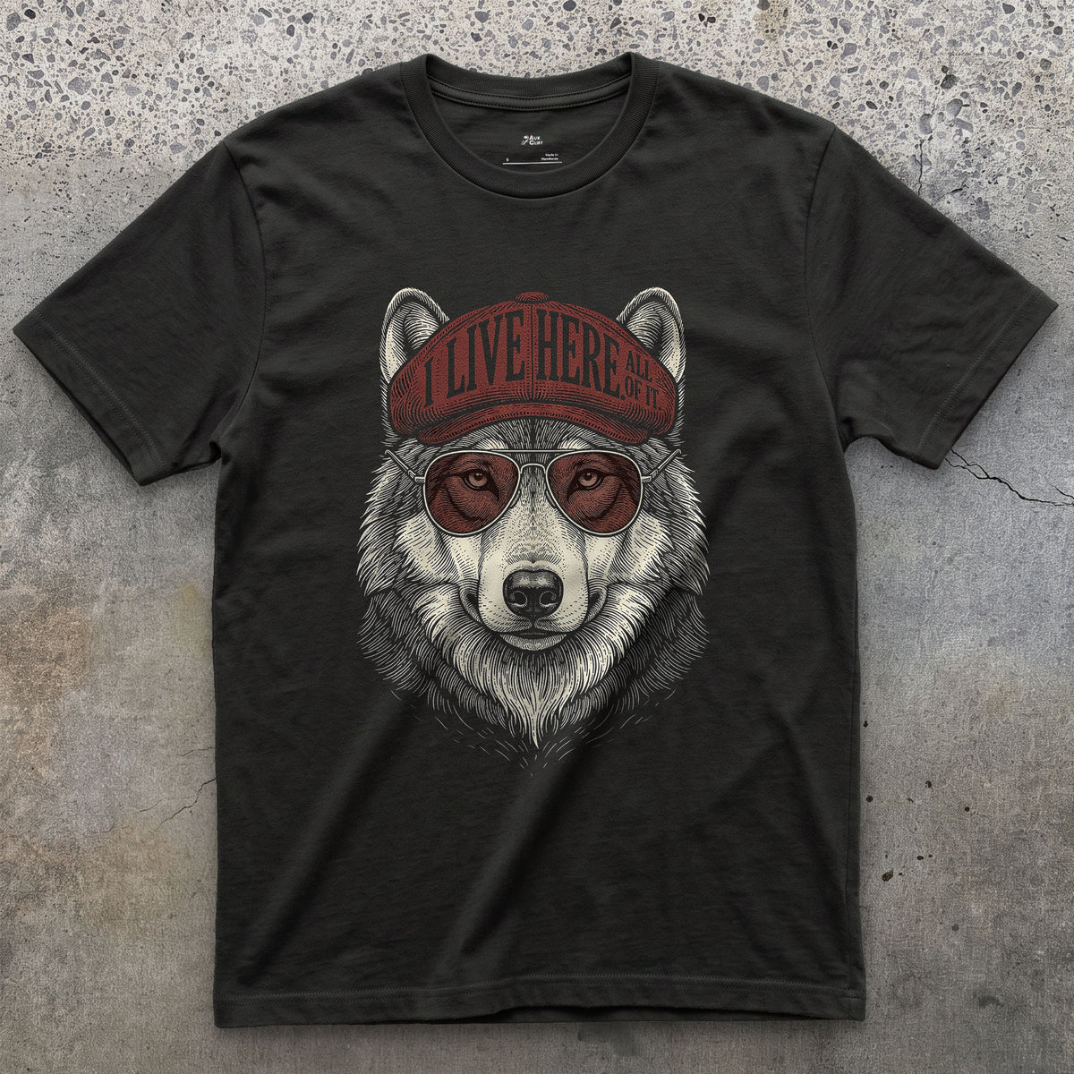 I Live Here, All of It, Wolf by the Road design on a Black Gildan Softstyle t-shirt
