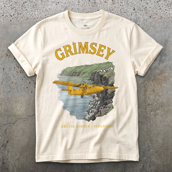 Grimsey Bush Plane design on a Natural Gildan Softstyle t-shirt