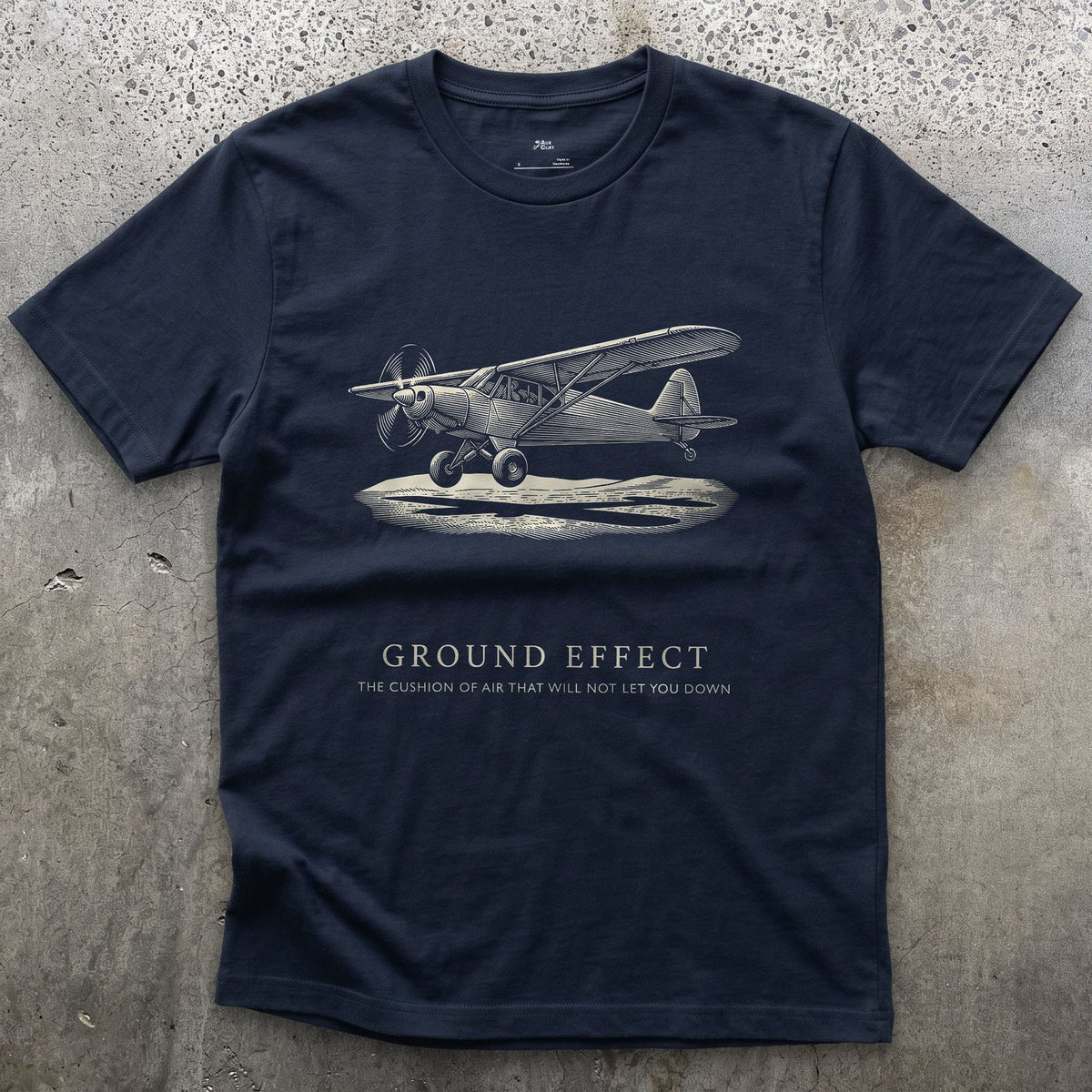Ground Effect, the Cushion of Air design on a Navy Gildan Softstyle t-shirt