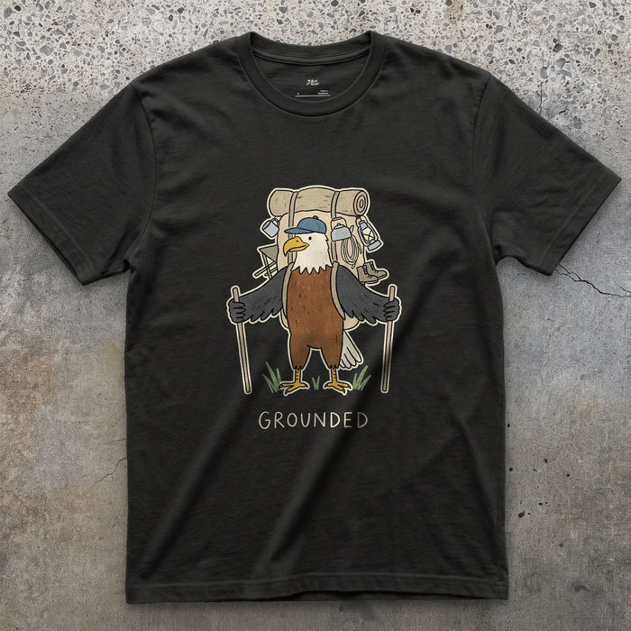Too Heavy to Fly, Bald Eagle Hiker design on a Black Gildan Softstyle t-shirt