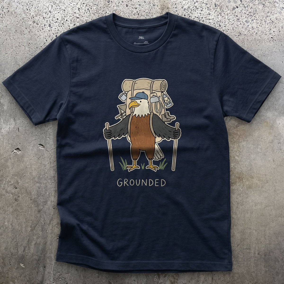 Too Heavy to Fly, Bald Eagle Hiker design on a Navy Gildan Softstyle t-shirt