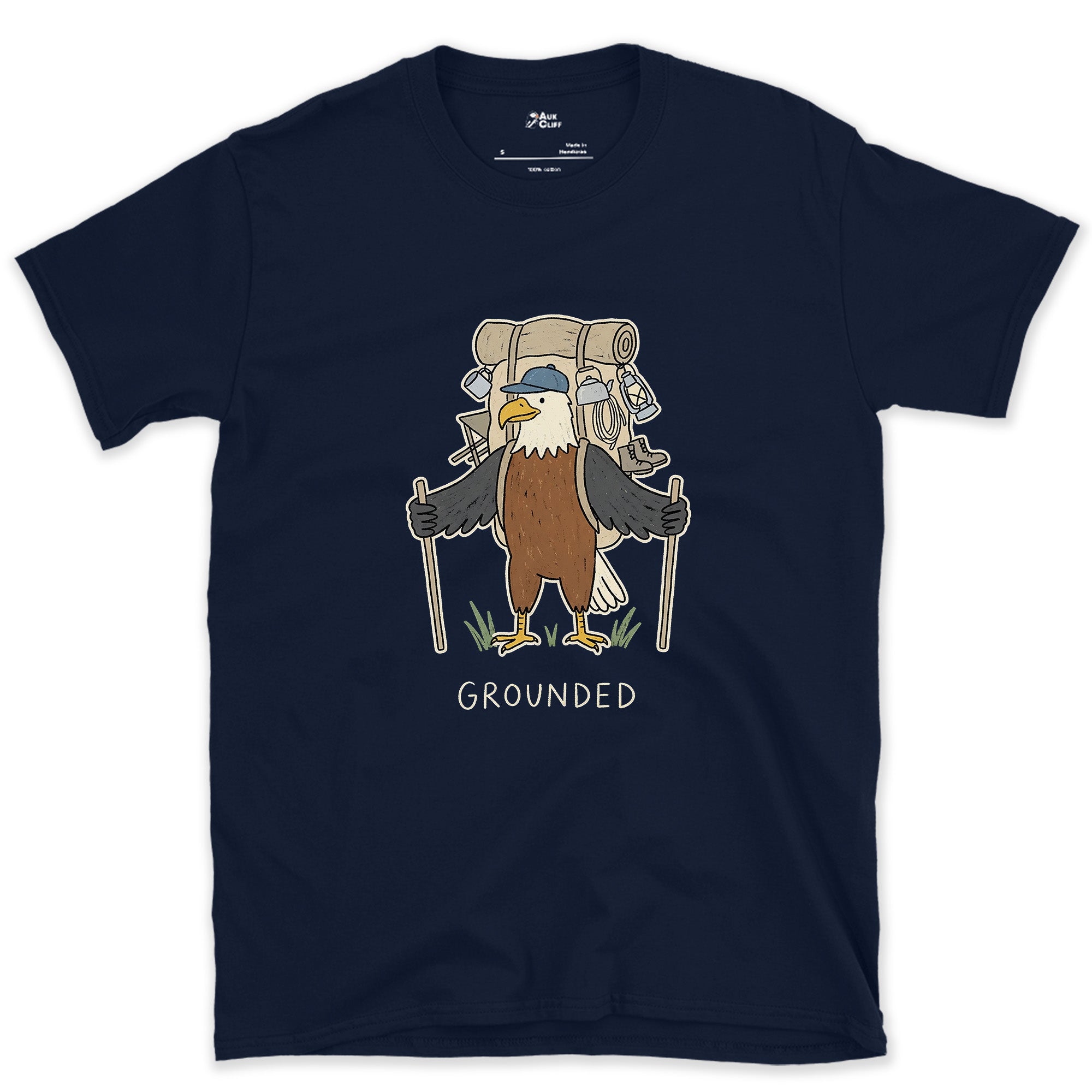 Too Heavy to Fly, Bald Eagle Hiker design on a Navy Gildan Softstyle t-shirt