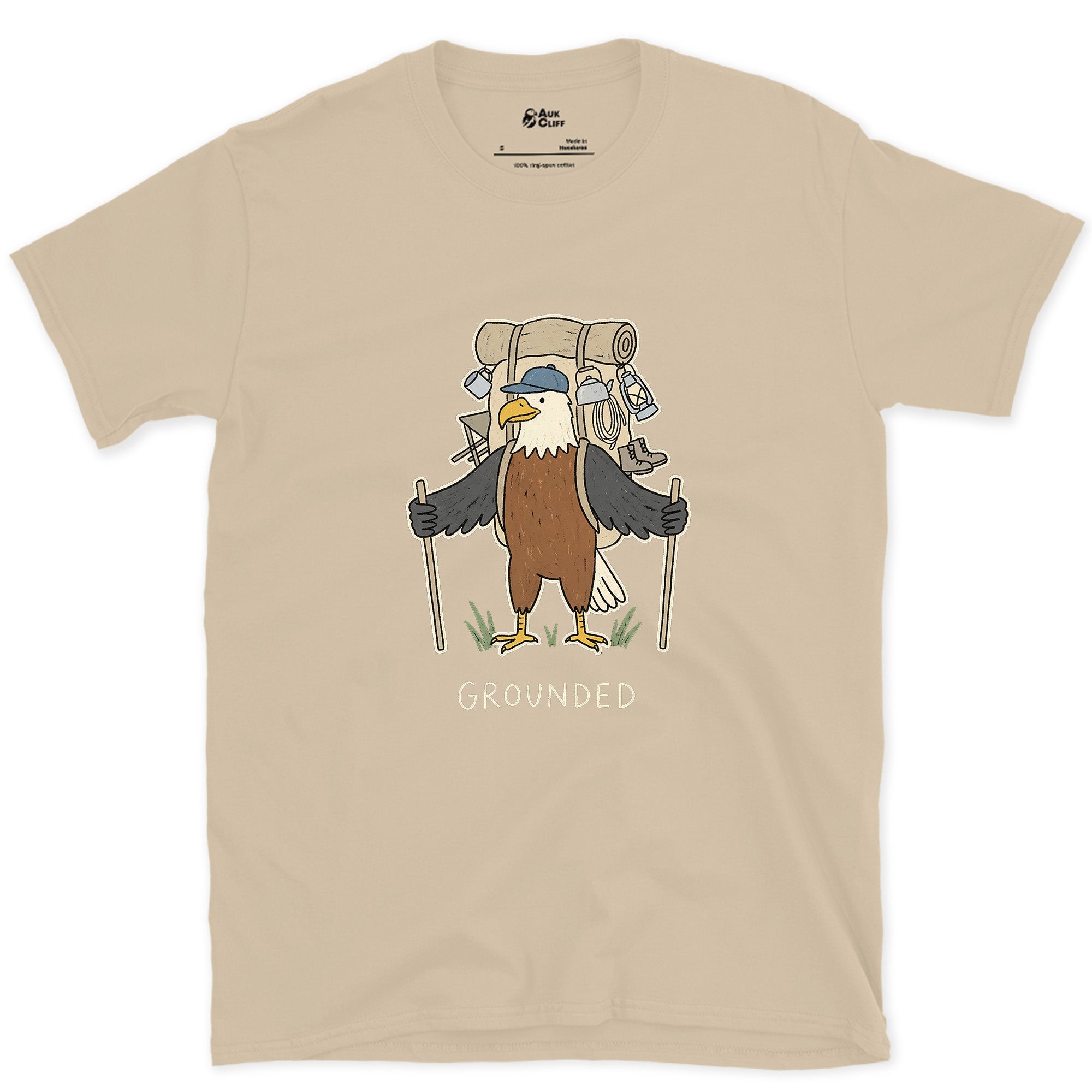 Too Heavy to Fly, Bald Eagle Hiker design on a Sand Gildan Softstyle t-shirt