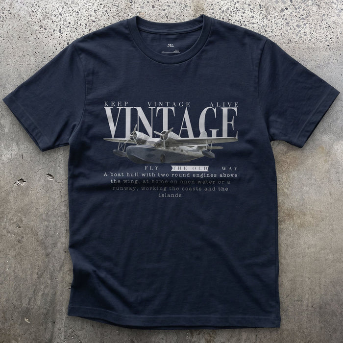 Grumman Goose Flying Boat design on a Navy Gildan Softstyle t-shirt