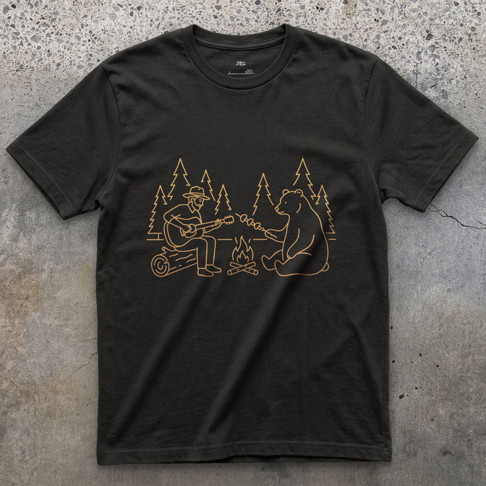 Sharing the Fire With a Bear design on a Black Gildan Softstyle t-shirt