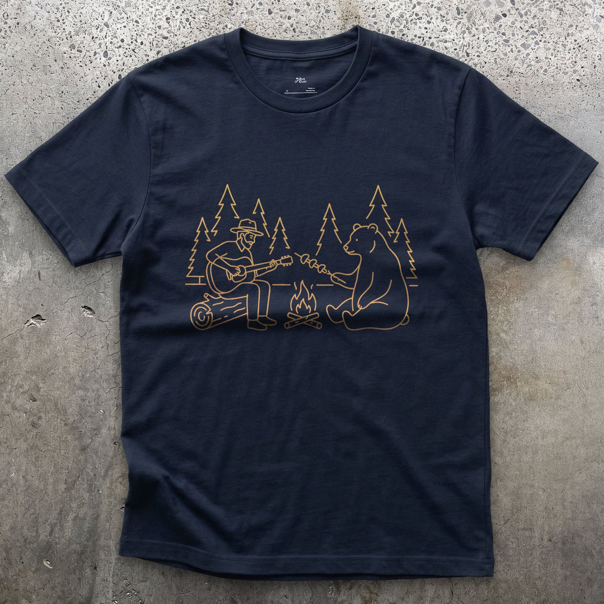 Sharing the Fire With a Bear design on a Navy Gildan Softstyle t-shirt