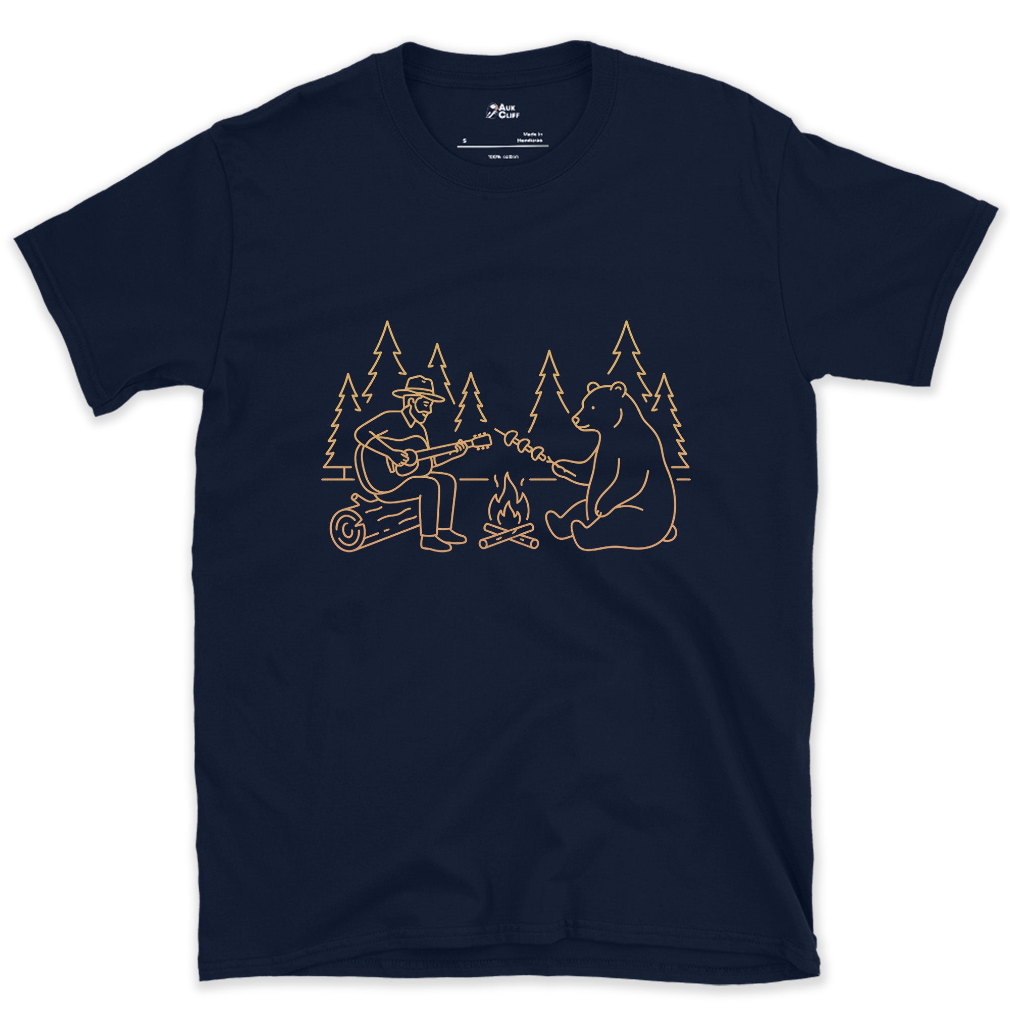 Sharing the Fire With a Bear design on a Navy Gildan Softstyle t-shirt